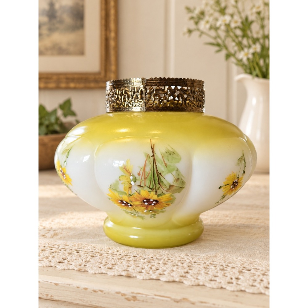Vintage Yellow Floral Milk Glass Hanging Lamp Shade Globe 1970s Cottagecore